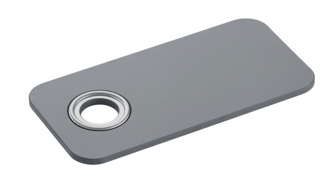 Gray rectangular plastic tag with a silver metal grommet eyelet, isolated on a white background