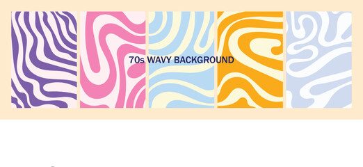 Obraz premium A collection of five different wavy background patterns in various pastel and vibrant colors. Abstract set vertical backgrounds with colorful waves.Trendy vector illustration in style retro 60s, 70s.