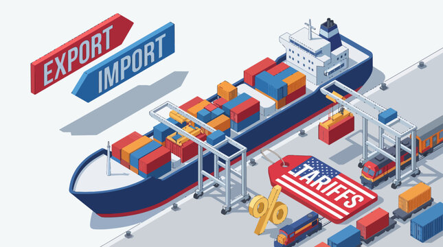 This illustration emphasizes the complexities of import and export shipping, featuring a cargo ship and visual elements symbolizing tariffs and trade dynamics in a modern economy.