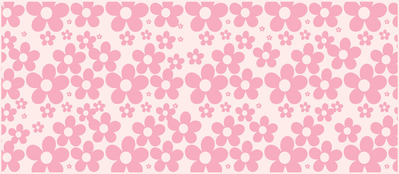Trendy floral seamless pattern. Vintage 70s style flower background illustration. A seamless background pattern featuring various small pink flowers on a light pink surface. Vector illustration.