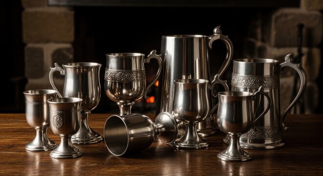 A Collection of Polished Pewter Goblets and Drinkware Arranged for Display