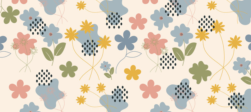 Seamless floral pattern featuring stylized flowers, leaves, and geometric shapes. Universal hand drawn floral template for cover, Home decor, backgrounds, cards. Wallpaer Texture. Vector illustration.