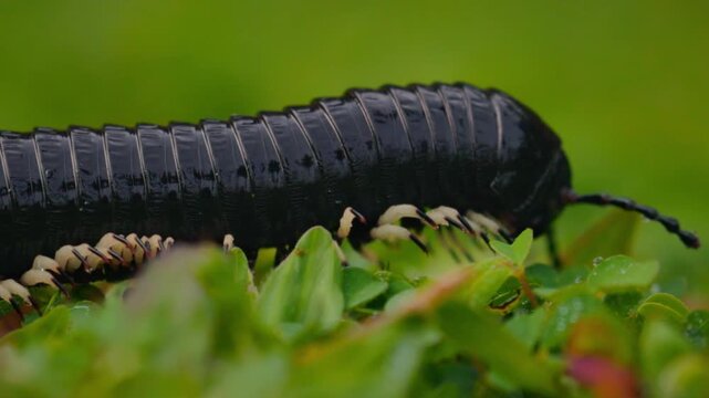 Giant millipede Spirostreptus centrurus crawling through green grass in natural habitat, detailed macro view of a large arthropod moving slowly with many legs, wildlife behavior and texture of segment