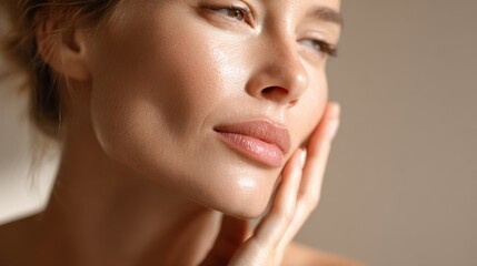 Fototapeta premium Close up portrait of a woman with radiant skin and gentle touch