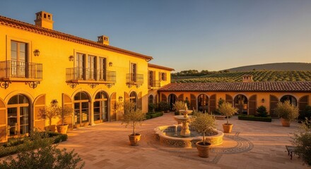 Naklejka premium Grand Mediterranean Style Villa Estate with Central Fountain Courtyard at Sunset