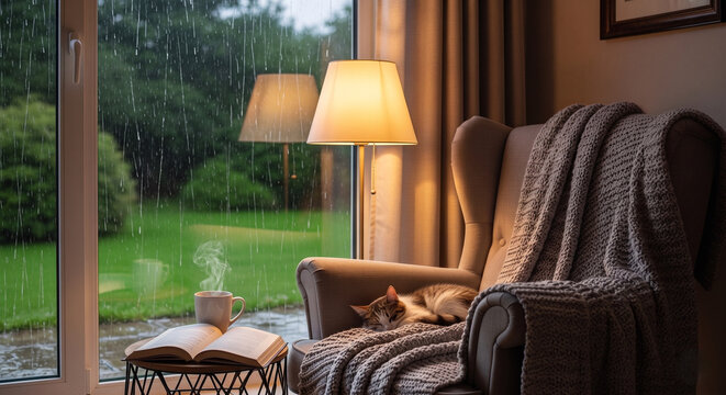 Cozy rainy day at home with a cat sleeping on an armchair, hot coffee and open book