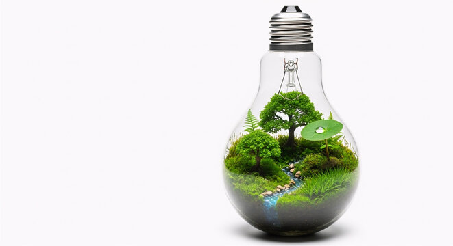 Miniature Green Ecosystem with Trees and River Inside Glass Light Bulb Eco Energy Concept