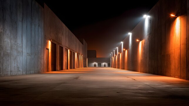 Industrial warehouse exterior with rows of lights and empty loading area at night.