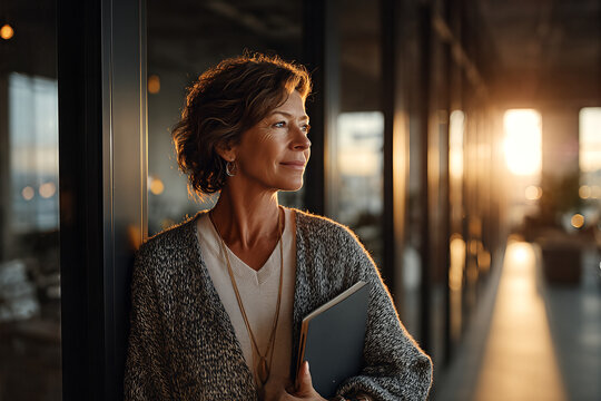 Midlife senior editor in a gray knit cardigan holding a notebook, gazing thoughtfully out a glass office corridor at warm golden - hour sunset