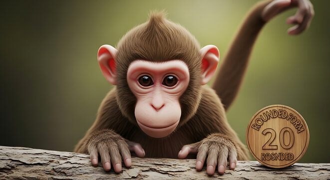 A cute 3D-style illustration of a small monkey resting its hands on a log, featuring a wooden round coin with the number 20.