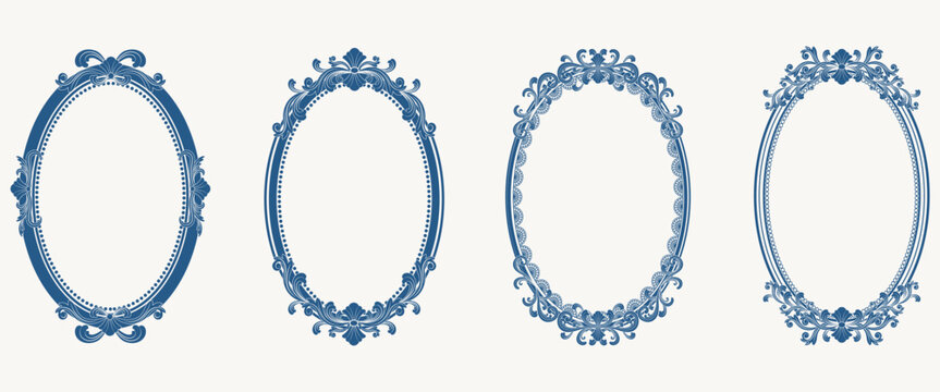 Set of ornate oval vintage frames with intricate baroque borders in dark blue color