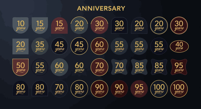 Collection of elegant anniversary years jubilee celebration badges