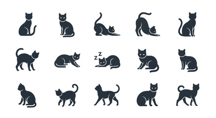 Fototapeta premium Black cat silhouettes set in various poses isolated on white background