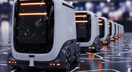 Obraz premium Futuristic Autonomous Delivery Robots Lined Up in a Row on a Smart City Pathway, Futuristic