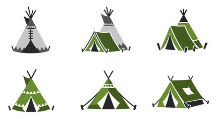 Set of stylized green and grey camping tent and teepee icons for outdoor adventures © mboku