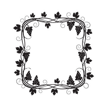 Decorative grapevine frame with bunches of grapes and leaves vector silhouette isolated on white background