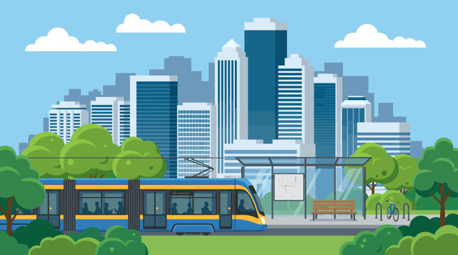 A vibrant cityscape featuring a tram in motion, surrounded by towering skyscrapers and lush greenery, showcasing urban life and modern transportation solutions.