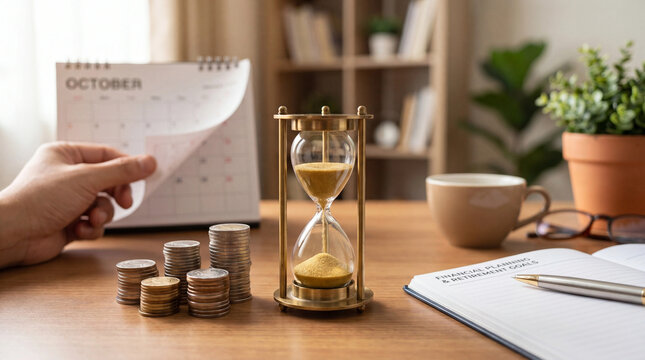 An hourglass, stacked coins, and an open notebook sit on a desk in October.
