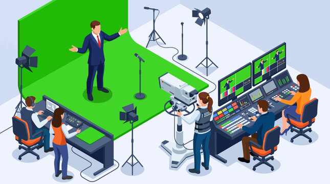 A vibrant television studio environment featuring multiple cameras, lighting setups, and a presenter, showcasing the collaborative effort in media production.