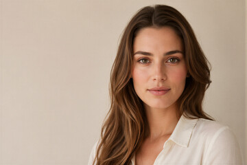 Naklejka premium Elegant woman portrait on neutral background as natural beauty and skincare concept 