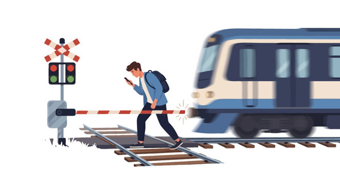 A distracted young man crossing railway tracks while looking at his smartphone as a train approaches. EPS Editable. Vector Illustrations.