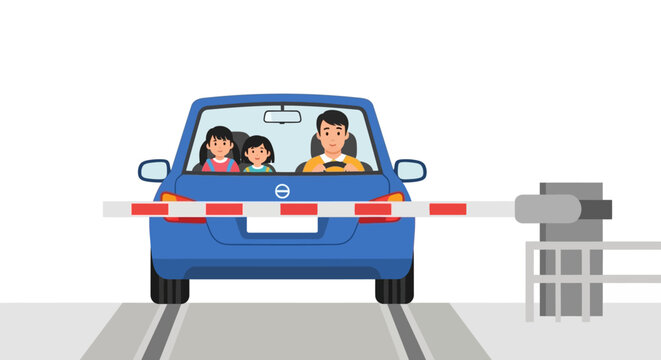 A family inside a blue car waiting at a closed railroad crossing barrier. EPS Editable. Vector Illustrations.