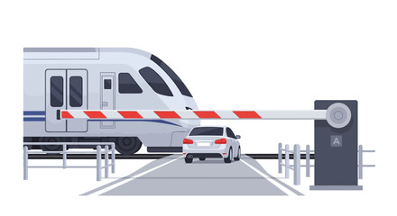 Fototapeta premium A train passing through a railroad crossing with a car waiting behind the closed gate. EPS Editable. Vector Illustrations.