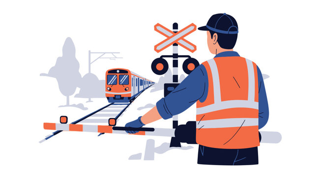 A railway worker wearing high visibility safety vest operating a railroad crossing gate. EPS Editable. Vector Illustrations.