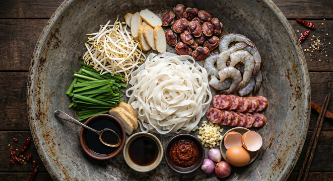 Hyper-realistic top view of Char Kway Teow ingredients on oxidized tin pan