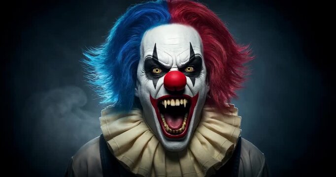 Scary Clown Portrait with Red and Blue Hair