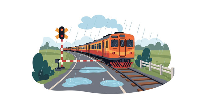 A vibrant orange passenger train traveling along tracks through a rainy landscape. EPS Editable. Vector Illustrations.