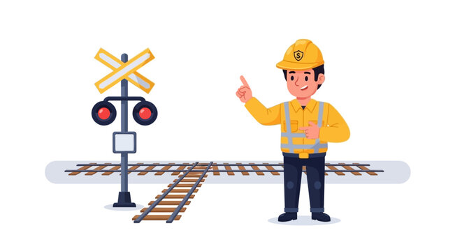 Cartoon Railway Worker Standing Next to a Railroad Crossing Signal. EPS Editable. Vector Illustrations.