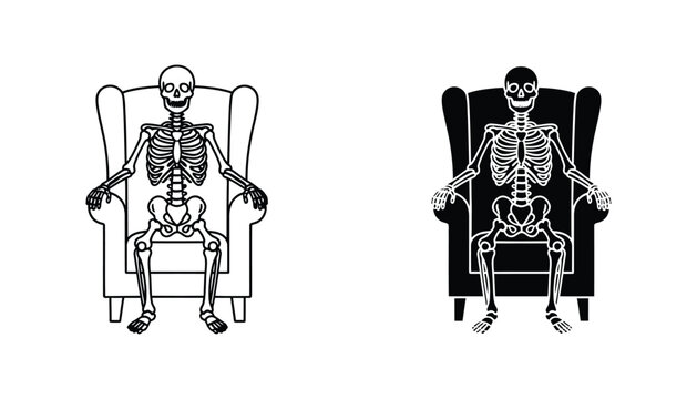 Human skeleton sitting on a vintage armchair vector illustration in silhouette and outline style for spooky or anatomical design themes isolated on white background
