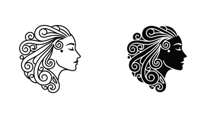 Profile portrait of beautiful woman with swirling hair vector icon in outline and solid black styles for beauty and wellness branding isolated on white background © Delta
