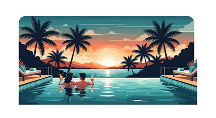 Obraz premium Romantic Couple Relaxing in Infinity Pool at Tropical Sunset Vector Illustration