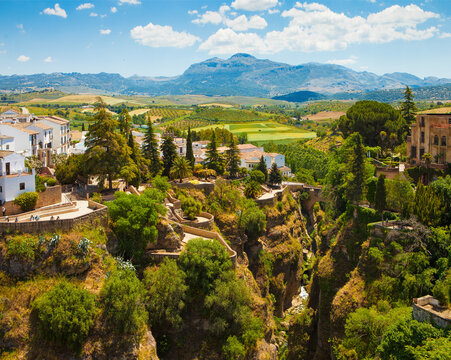 View of the old town of Ronda  and the neighborhood,  Malaga province, Andalusia, Spain. Jardines de Cuenca (Cuenca Gardens) hanging above the El Tajo gorge.