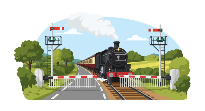 Vintage steam locomotive train passing through a railway level crossing. EPS Editable. Vector Illustrations.