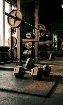 Heavyy dumbbells on a gym floor with weight racks in the background, cinematic lighting.