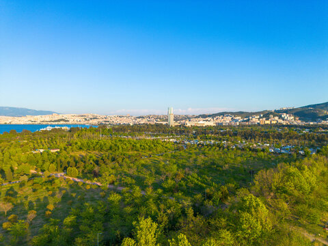 Expansive green parkland overlooks a bustling city skyline and calm blue bay