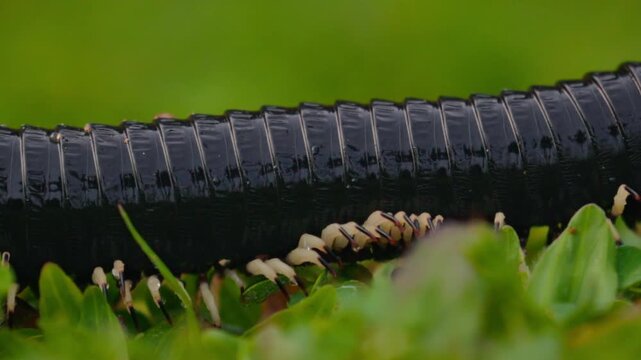 Giant millipede Spirostreptus centrurus crawling through green grass in natural habitat, detailed macro view of a large arthropod moving slowly with many legs, wildlife behavior and texture of segment