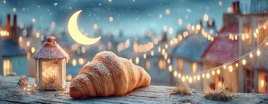 A croissant under a crescent moon and lights.