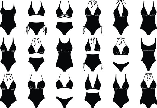 Collection of Black Swimsuit Silhouettes on White Background