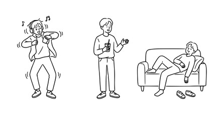 Fototapeta premium Humorous sequence of a boy dancing and relaxing on a couch.