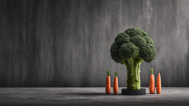 Broccoli tree with carrots in front of a textured wall organic food plant based