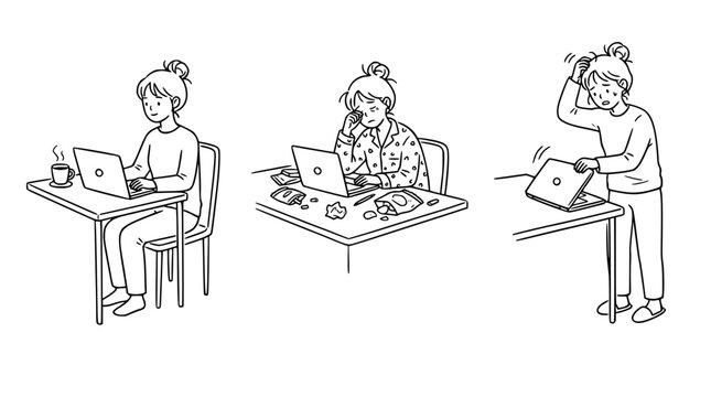 Cute character drawing illustrating a girl working and unwinding.