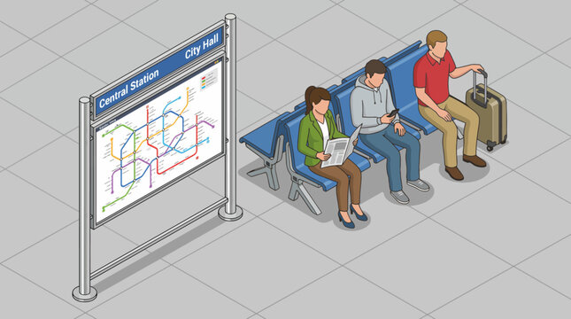 This illustration shows a city transit station displaying a subway map, showcasing passengers waiting, highlighting public transport in an urban setting with modern design elements.