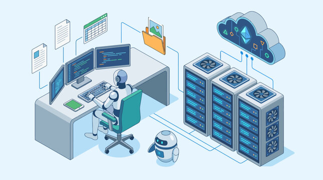 This digital artwork illustrates a high-tech workspace filled with robots, computers, and cloud storage, highlighting the innovative future of work and automation in various industries.