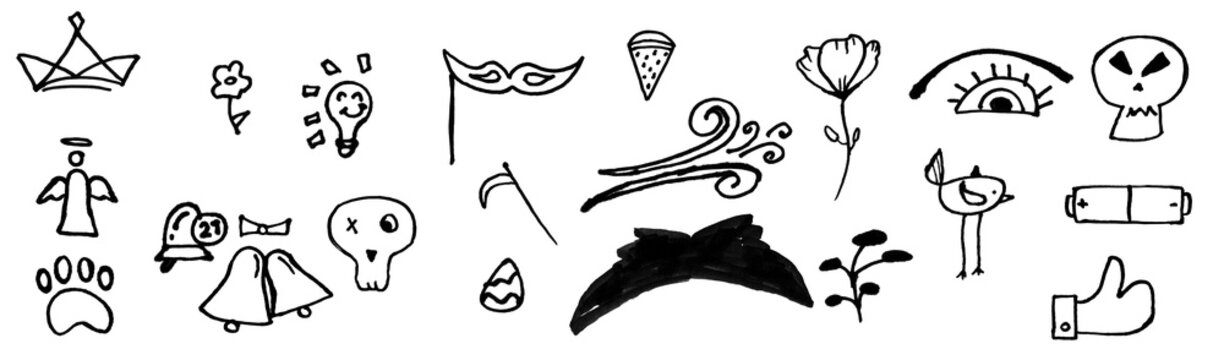 Black Hand Drawn Doodle Icons for Gaming UI and Mobile Game Interface Design PNG Pack.