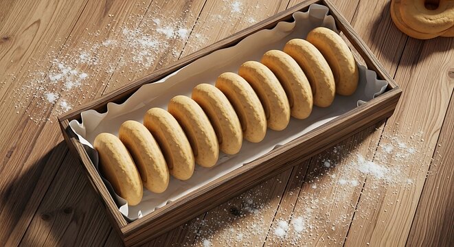 A line of ring shaped cookies displayed in a wooden box reminiscent of a construction site foundation layout against a rustic textured timber background