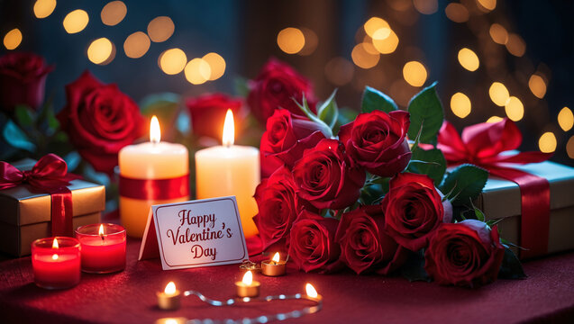 Romantic Valentine's Day celebration with red roses, candles, and gift boxes on dark table